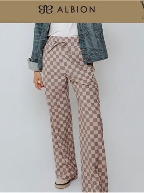 Albion Taupe and Cream Checkerboard Wide-Leg Pants